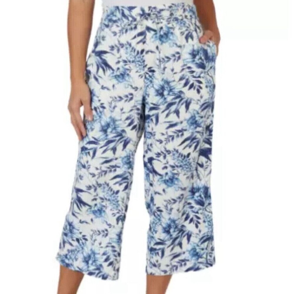 PER SE Womens Pull On Drawstring Linen Blend Crop PANTS Small